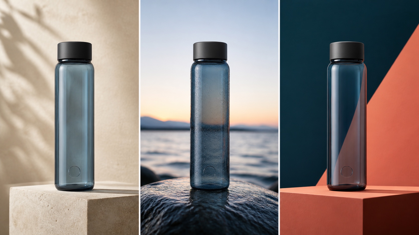 The same smoky-blue glass bottle photographed in limestone studio, outdoor dawn, and teal and coral editorial settings