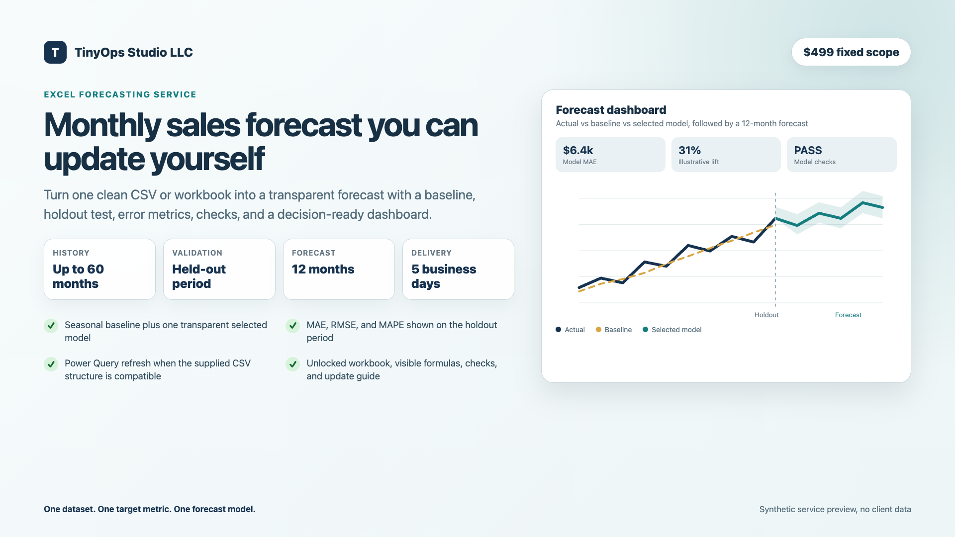 Illustrative Excel sales forecast service preview with an actual, baseline, and selected model chart