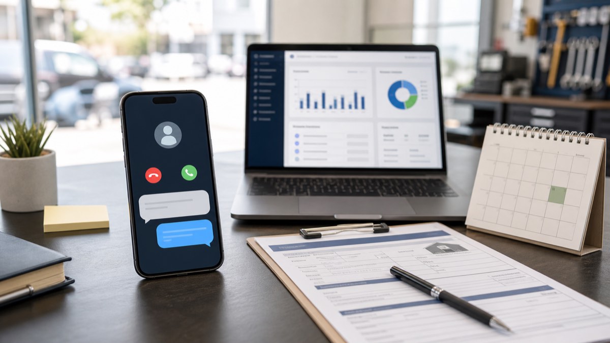 Phone, booking calendar, job form, and CRM dashboard for missed-lead recovery