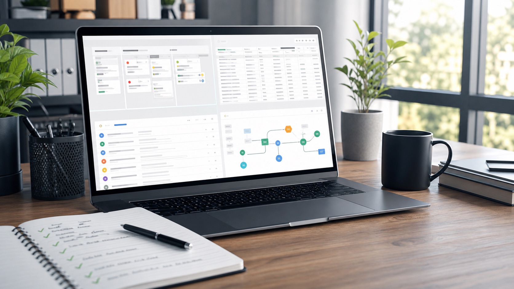 Automation workbench with workflow nodes, CRM records, inbox items, and spreadsheet rows