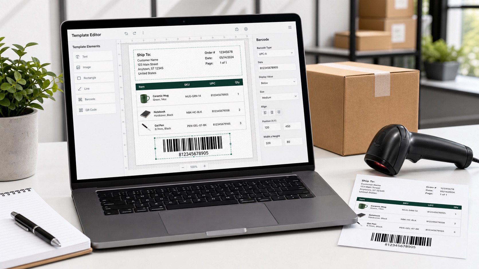 Order Printer template editor showing line-item UPC values and a scannable barcode